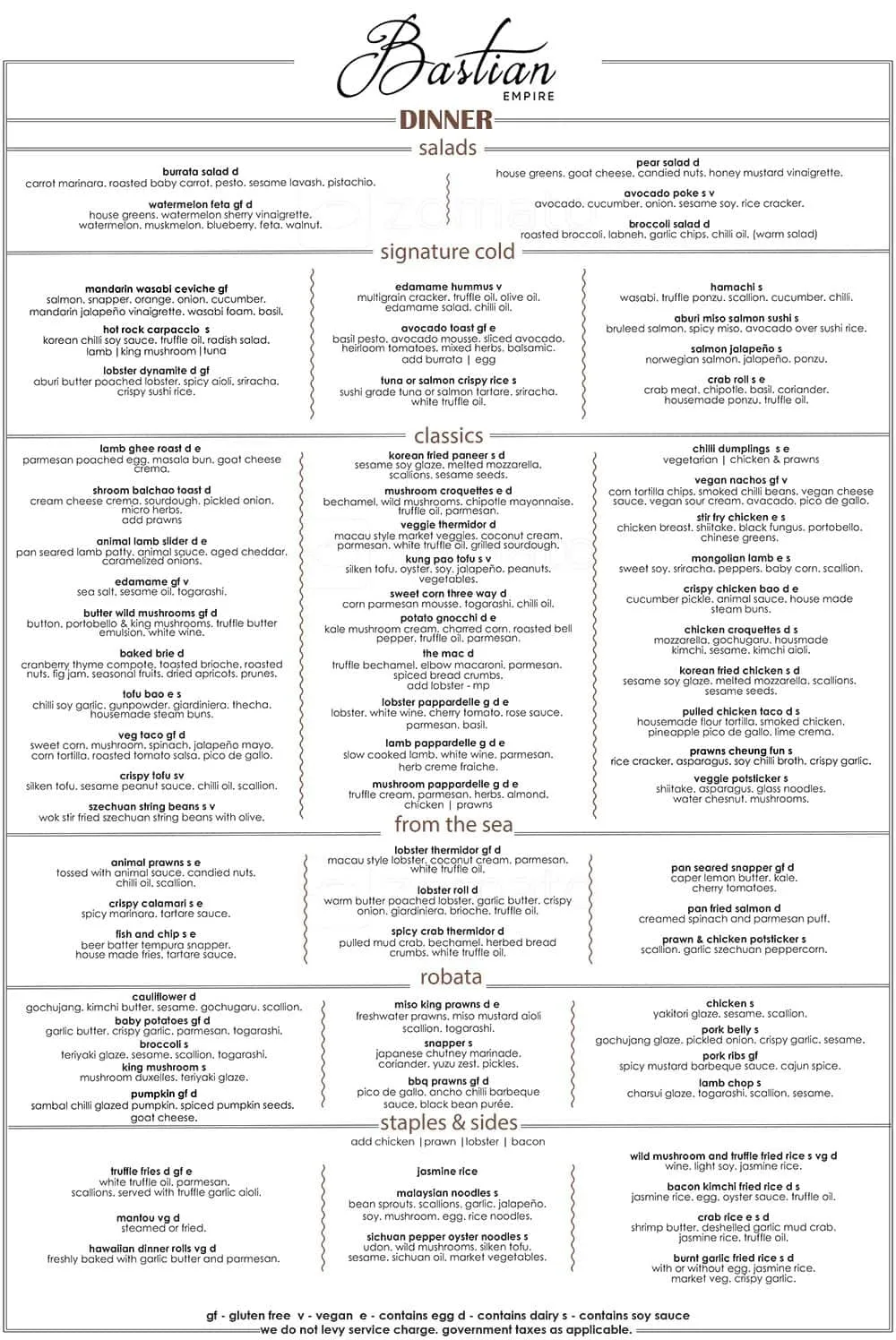 Bastian empire menu